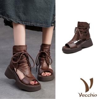 【Vecchio】真皮涼鞋 厚底涼鞋/真皮頭層牛皮復古露趾厚底百搭繫帶羅馬涼鞋(咖)