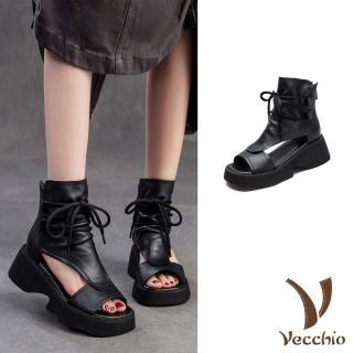 【Vecchio】真皮涼鞋 厚底涼鞋/真皮頭層牛皮復古露趾厚底百搭繫帶羅馬涼鞋(黑)