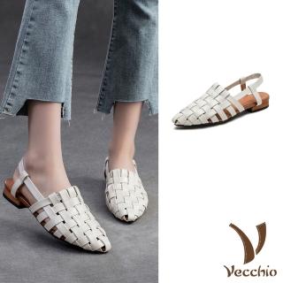 【Vecchio】真皮涼鞋 尖頭涼鞋/全真皮頭層牛皮復古擦色編織尖頭涼鞋(米)