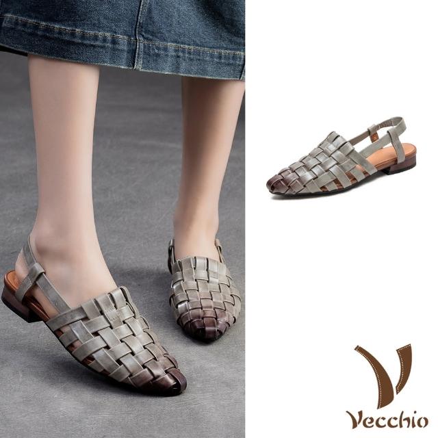 Vecchio 真皮涼鞋 尖頭涼鞋 全真皮頭層牛皮復古擦色編織尖頭涼鞋 灰