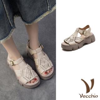 【Vecchio】真皮涼鞋 厚底涼鞋/真皮頭層牛皮復古民族風編織厚底涼鞋(杏)