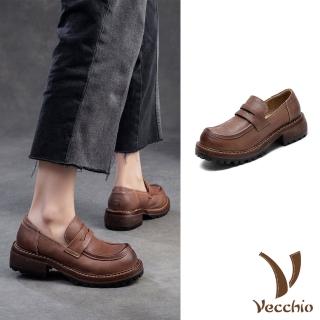 【Vecchio】真皮樂福鞋 牛皮樂福鞋/全真皮頭層牛皮百搭復古手工擦色經典樂福鞋(咖)