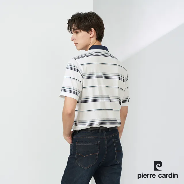 【pierre cardin 皮爾卡登】網路獨家 男款 Hi Cool彈力吸濕排汗條紋短袖POLO衫-淺灰色(7227266-93)