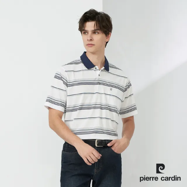 【pierre cardin 皮爾卡登】網路獨家 男款 Hi Cool彈力吸濕排汗條紋短袖POLO衫-淺灰色(7227266-93)