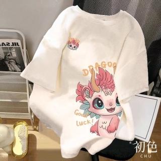 【初色】寬鬆百搭休閒圖案印花圓領短袖T恤上衣女上衣-共2色-33590(M-2XL可選)