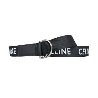 【CELINE】經典品牌字母緹花尼龍拼接牛皮雙環腰帶(男款/黑x白)