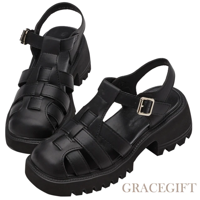 【Grace Gift】圓頭寬帶輕量厚底魚骨編織涼鞋(黑)