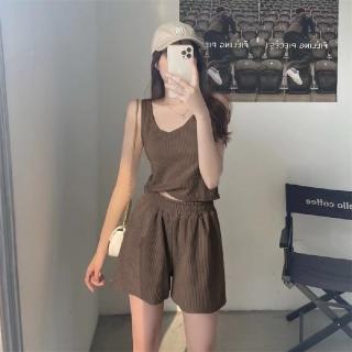 【ONEY 歐妮】★高腰鬆緊華夫格背心兩件套(女上衣/短袖/兩件式套裝)