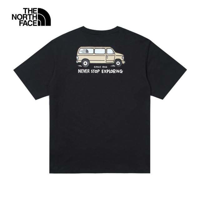 【The North Face 官方旗艦】【情侶款】北面男女款黑色純棉胸前趣味露營車印花寬鬆短袖T恤｜88GHJK3(上衣)