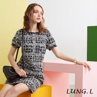 【LUNG.L 林佳樺】LN99H 藍色印花搭配刺繡短袖洋裝(棉質 女裝)