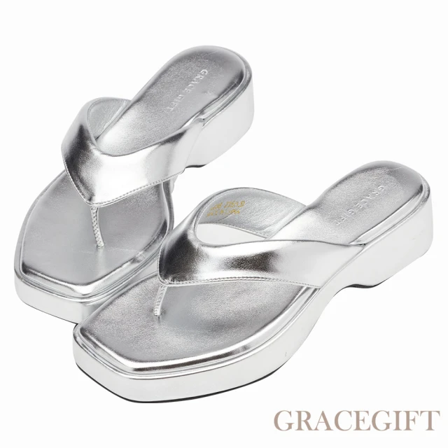 Grace Gift 時尚方頭夾腳厚底拖鞋(銀)好評推薦 Grace Gift 時尚方頭夾腳厚底拖鞋(銀)