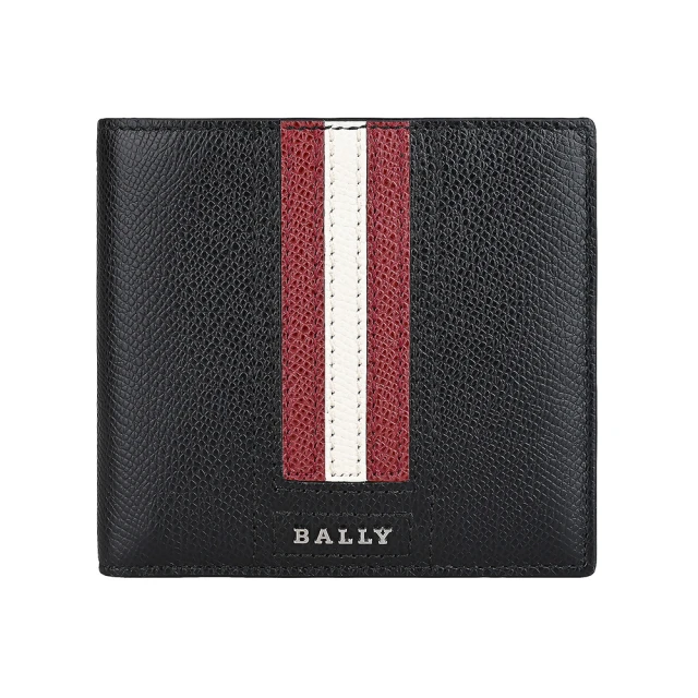 BALLY BALLY Teisel銀字金屬LOGO防刮牛皮飾直條紋設計4卡對折男士短夾(黑x紅白條紋)