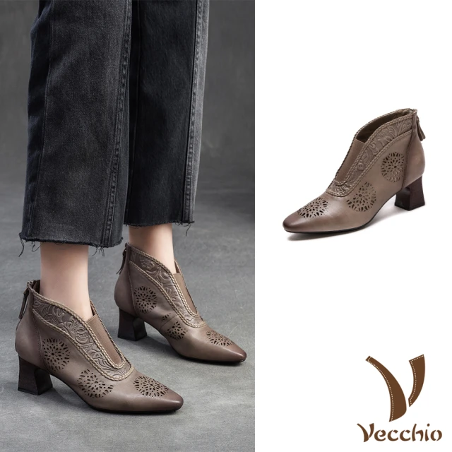 VecchioVecchio 真皮踝靴 高跟踝靴/全真皮頭層牛皮典雅民族風雕花尖頭高跟踝靴(卡其)