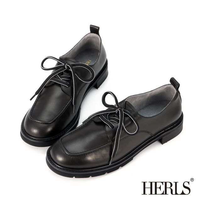 HERLS 牛津鞋-全真皮鏤空綁帶尖頭低跟牛津鞋(米白色)評
