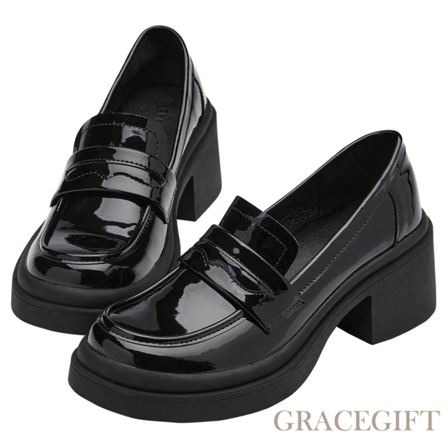 【Grace Gift】英倫甜心厚底中跟樂福鞋(黑漆)