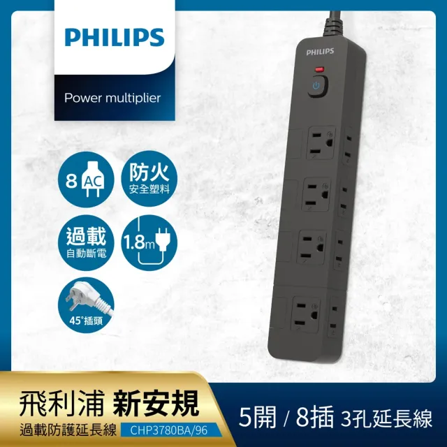 【Philips 飛利浦】5開8插延長線1.8M 兩色可選(CHP3780)