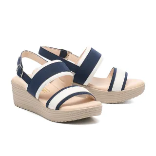 【MELROSE】美樂斯 夏日輕旅 日常雙色一字造型羊皮拼接布厚底涼鞋(藍)