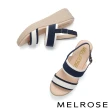 【MELROSE】美樂斯 夏日輕旅 日常雙色一字造型羊皮拼接布厚底涼鞋(藍)