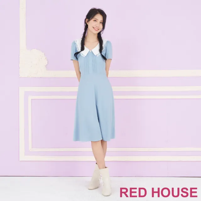 【RED HOUSE 蕾赫斯】輕柔雙層蕾絲領氣質洋裝(水藍色)