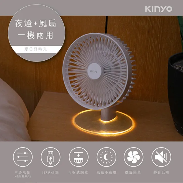 【KINYO】桌上型透光夜燈 USB風扇 小電扇氣氛燈 小夜燈電風扇(暖黃光呼吸燈桌扇)