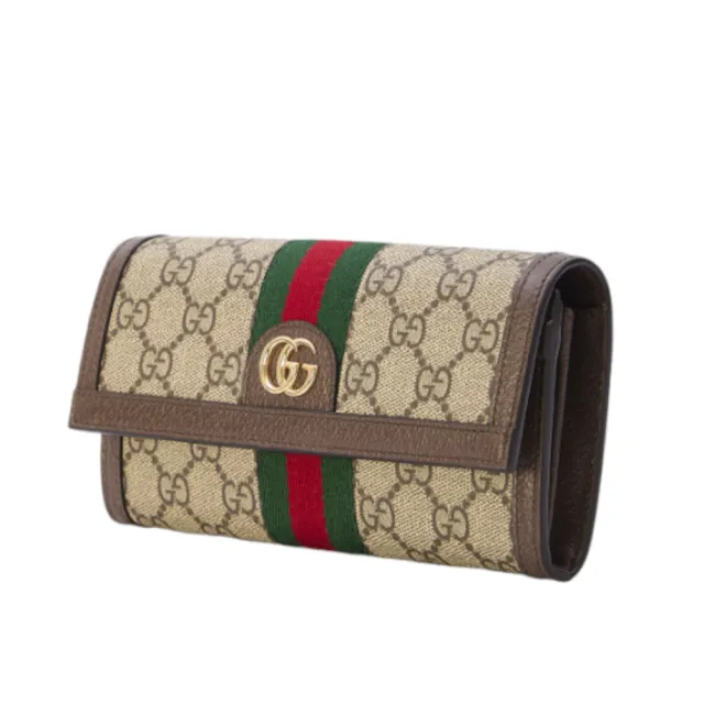 【GUCCI 古馳】Ophidia GG 印花帆布 牛皮飾邊 扣式 皮夾 長夾 米色 烏木色 523153