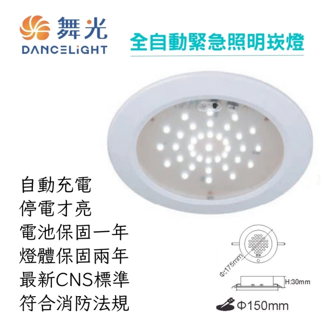 【DanceLight 舞光】LED 15CM緊急照明崁燈 白光(自動充電 停電才亮 節能又方便)