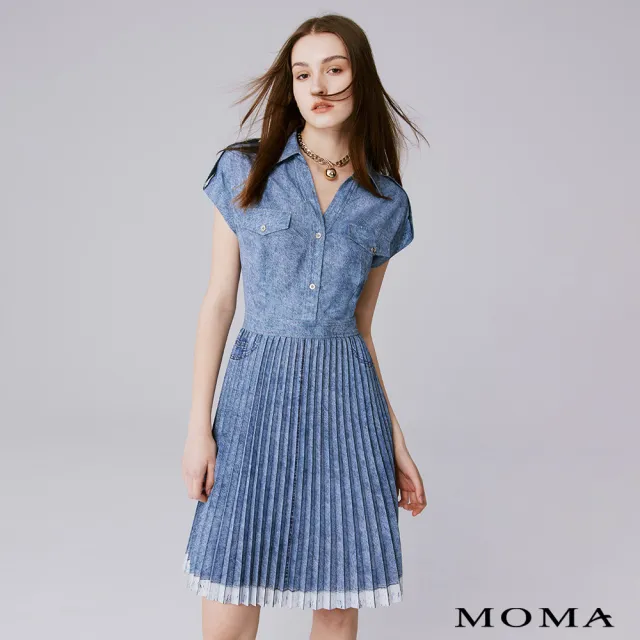 【MOMA】休閒仿真牛仔壓褶洋裝(淺藍色)