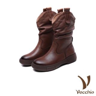 【Vecchio】真皮中筒靴 牛皮中筒靴/全真皮頭層牛皮純色素面復古百搭騎士中筒靴(棕)