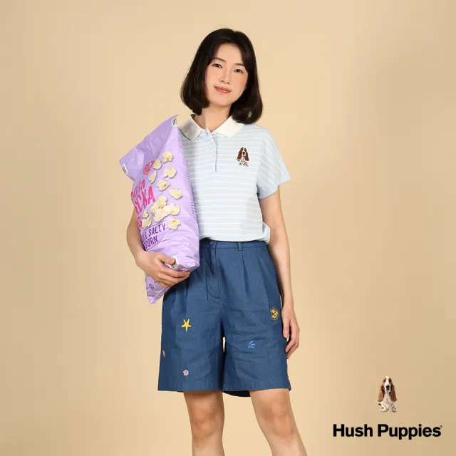 【Hush Puppies】女裝 線衫 刺繡狗細條紋寬袖線衫(淺藍 / 43213101)