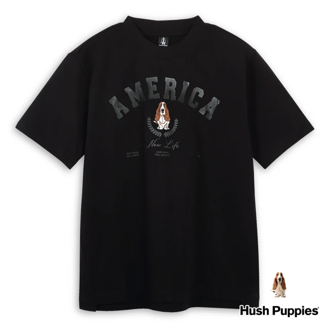 Hush Puppies 男裝 上衣 經典品牌印花刺繡狗寬鬆落肩小立領上衣(黑色 / 43110111)