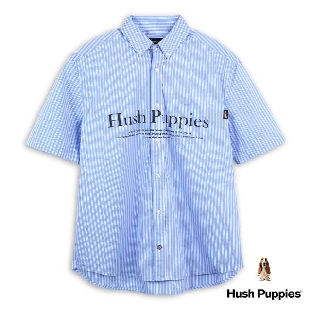 Hush Puppies 男裝 襯衫 簡約配色直條紋品牌英文印花寬版短袖襯衫(淺藍 / 43112111)