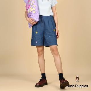 【Hush Puppies】女裝 短褲 趣味刺繡牛仔打摺短褲(藍色 / 43222104)