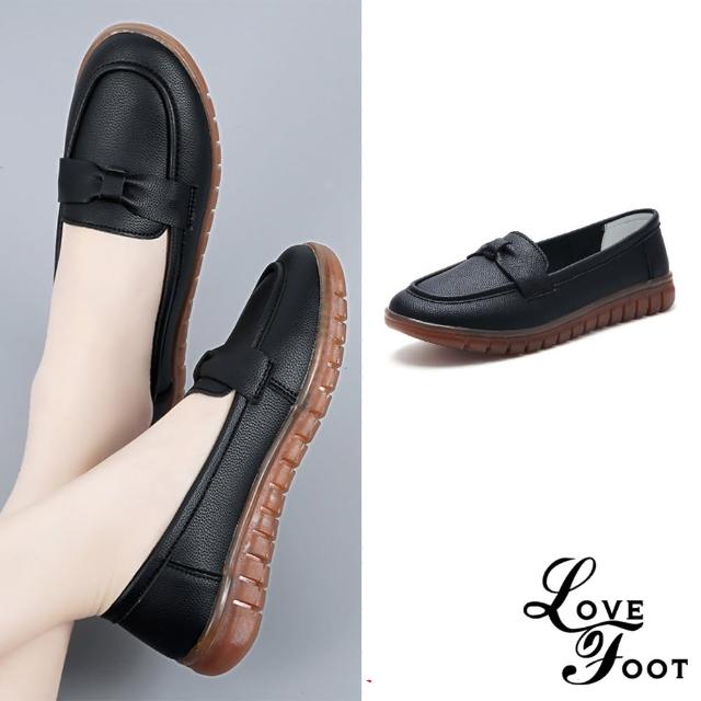 【LOVE FOOT 樂芙】真皮樂福鞋 蝴蝶結樂福鞋/真皮氣質蝴蝶結造型休閒樂福鞋(黑)