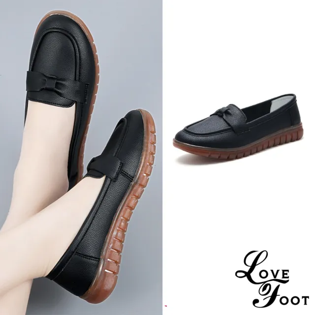 【LOVE FOOT 樂芙】真皮樂福鞋 蝴蝶結樂福鞋/真皮氣質蝴蝶結造型休閒樂福鞋(黑)