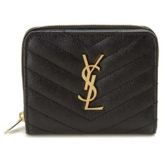 【YSL】SAINT LAURENT YSL金字LOGO V字縫線 黑色 小牛皮 拉鍊短夾 錢包(668288BOW011000)