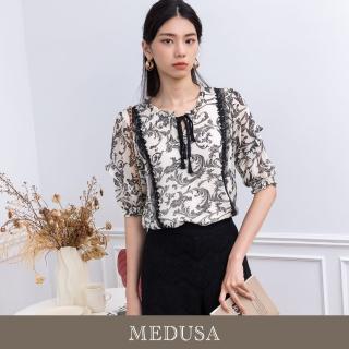 【MEDUSA 曼度莎】現貨-鑽飾黑色印花雪紡上衣（M-2L）｜女上衣 短袖上衣 上班穿搭(301-78301)