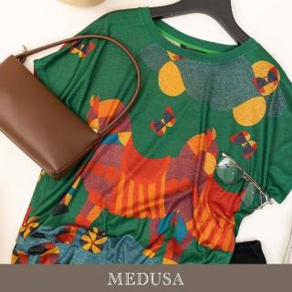 【MEDUSA 曼度莎】現貨-臺灣製 色塊木馬綠色針織上衣（M-2L）｜女上衣 女休閒上衣 短袖上衣(301-53301)