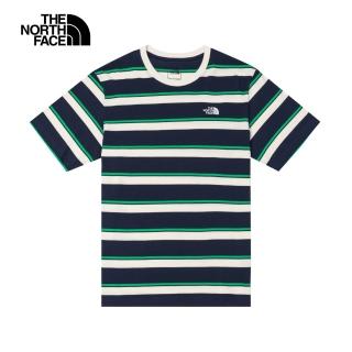 【The North Face 官方旗艦】北面男款藍色條紋純棉舒適透氣經典圓領短袖T恤｜87VTSPI(上衣)