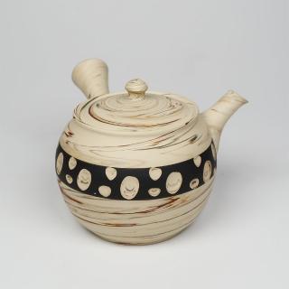 【福介商店】日本陶壺 常滑燒 憲兒 白練黑中帶水玉 橫手急須0.19L(泡茶壺 沖泡壺 橫柄壺具)