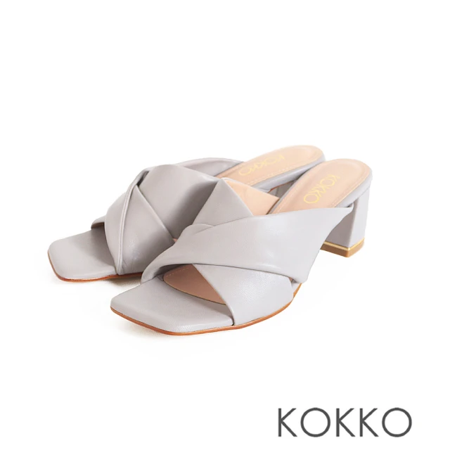 KOKKO 集團 溫柔魅力反折手感綿羊皮粗跟涼拖鞋(淺灰色)