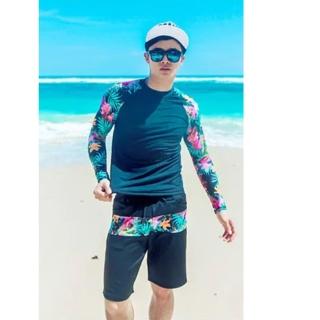 【泳衣果】男泳裝M-XL珍花情侶泳衣長袖五分褲褲二件式(男生)