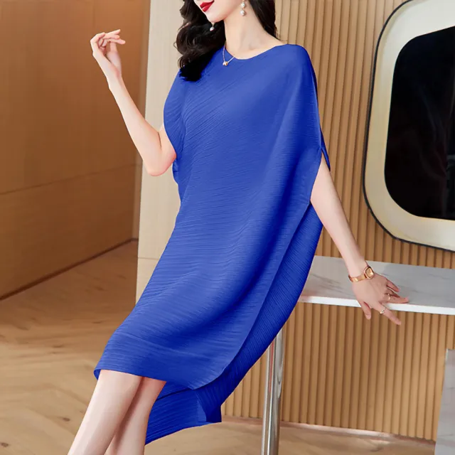 【K.W.】韓國三宅壓褶風水藍柔緞洋裝(皺褶衣 加大尺寸 婚禮 設計師 韓國進口 共3色)