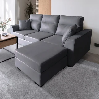 【Hampton 漢汀堡】湯瑪斯L型沙發組-耐磨皮-鋼鐵灰(L型沙發/3人座/耐磨皮/含腳凳/皮沙發)