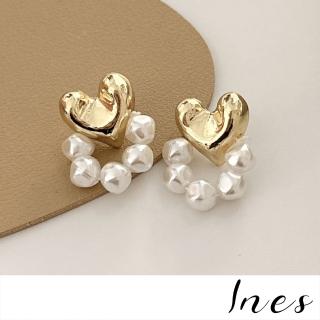 【INES】韓國設計復古金屬愛心珍珠造型夾式耳環(無耳洞耳環 耳夾 夾式耳環 愛心耳環 珍珠耳環)