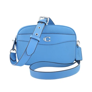 【COACH】專櫃款荔枝紋皮革斜背相機包(藍色)