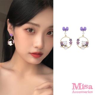 【MISA】韓國設計紫色花朵蝴蝶結可愛小熊造型夾式耳環(無耳洞耳環 耳夾 夾式耳環 花朵耳環 小熊耳環)
