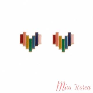 【MISS KOREA】韓國設計彩虹色條塊愛心造型夾式耳環(無耳洞耳環 耳夾 夾式耳環 彩虹耳釘 愛心耳釘)