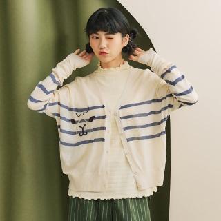 【Dailo】羊駝表情繡花條紋落肩長袖針織外套(杏 駝 紫/魅力商品)