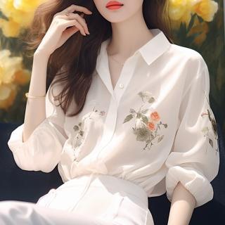 【Paiya 派亞】法式白色印花雪紡襯衫新款女寬松氣質長袖上衣別致漂亮防曬衫(M-2XL)