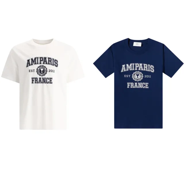 【AMI PARIS】經典愛心刺繡LOGO 白色/深藍色 棉質 圓領 短袖 T-SHIRT 上衣(HTS008726)